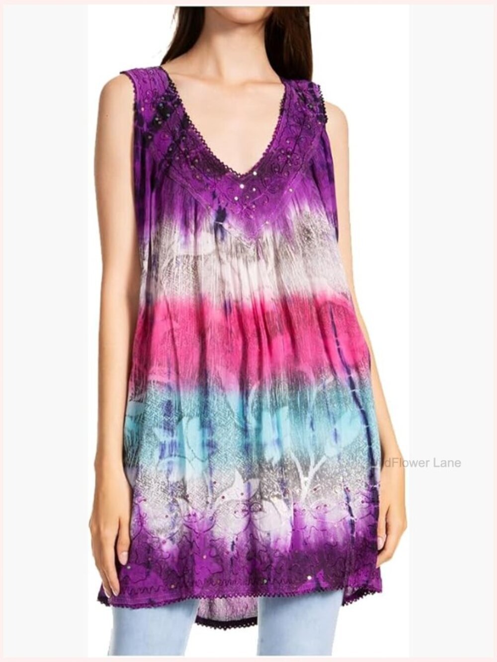 Sleeveless Blouse with Sequin Embroidery V-Neck Relaxed Fit